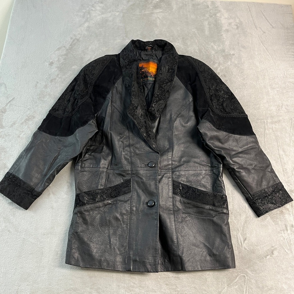 VTG 90s OutBrook Womens M Black Leather Suede Paisley Embroidered Coat Jacket